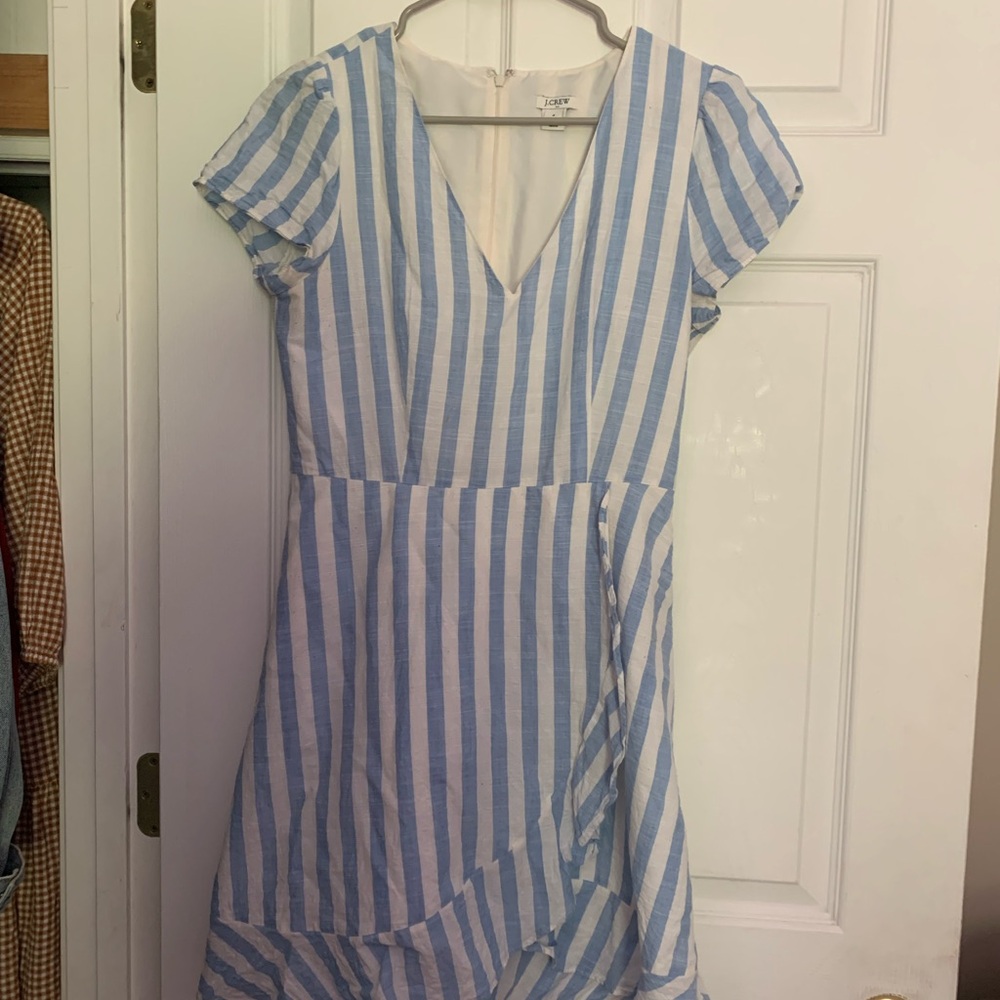 Striped Blue and White V-Neck Faux Wrap Dress